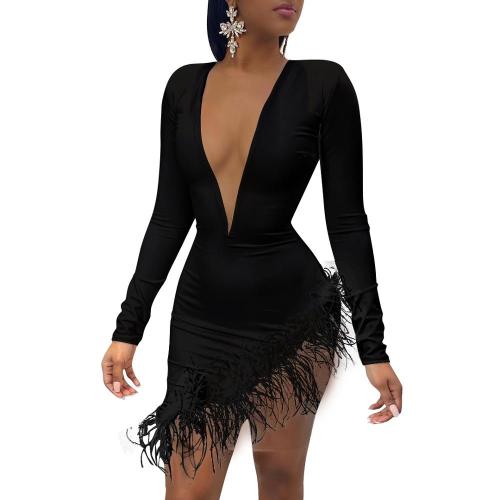 Women Feather Mesh Patchwork Mini Dress Long Sleeve Deep V Neck Solid Bandage Dress Sexy Night Club Party Dress Vestido
