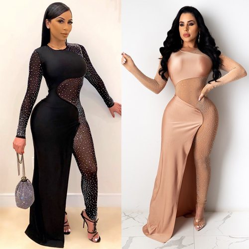 2021 New Fashion Women Mesh Patchwork Diamonds Stitching Jumpsuits Female Black Sexy See Through Rompers Nightclub Party Overall