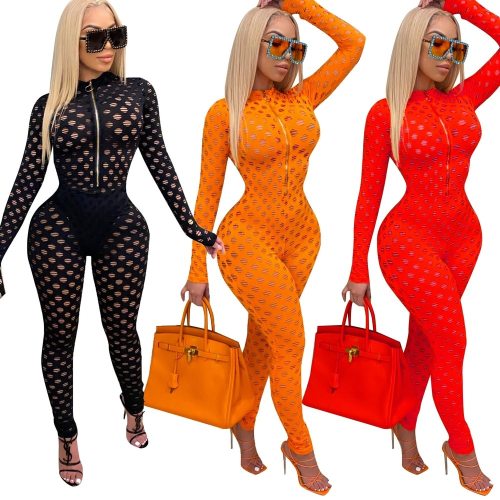 Sexy Hollow Out Club Jumpsuit Women Perspective Fishnet Bodysuit Rompers Zipper Up Turtleneck One Piece Outfit Party Clubwear