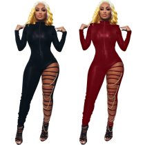 Fashion Women Zipper Hole Chain Jumpsuit Sexy Deep V Neck Long Sleeve Black Bodycon Romper Night Club Party Bodysuit