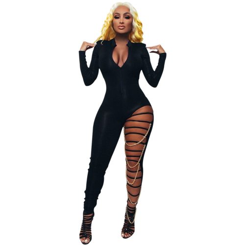 Fashion Women Zipper Hole Chain Jumpsuit Sexy Deep V Neck Long Sleeve Black Bodycon Romper Night Club Party Bodysuit