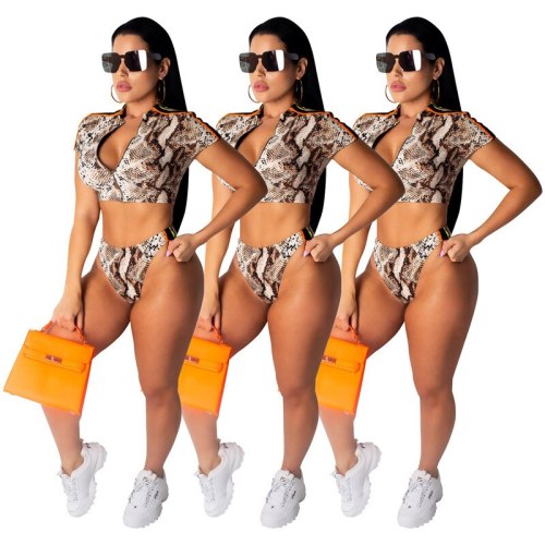 Sexy Women Swimwear 2 Piece Set Summer Crop Top and Briefs Shorts Suits Club Snake Print Two Piece Beach Outfits Matching Sets