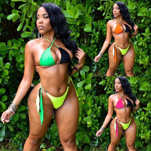 Patchwork 2 Piece Bikini Set 2021 Women Sexy Bandage Halter Backless Thong Swimsuits Bathing Suits Beach Biquini 2021