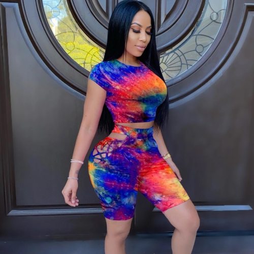 Cute Two Piece Outfits Shorts Women Clothing Sets Summer Tie Dye Tracksuit Set Crop Tops Biker Shorts 2 Piece Set Wholesale 2020