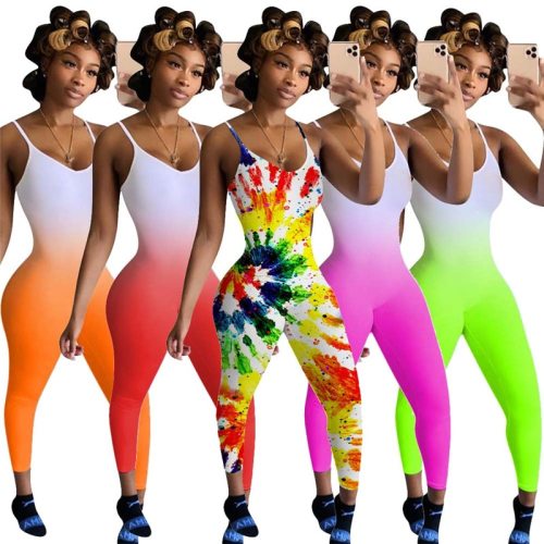 Gradient Print Sleeveless Strap Jumpsuit Rompers Trousers 2020 Sexy Women Bodycon Slim Summer Causal Jumpsuit O-neck Clubwear