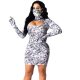 Sexy Bodycon Party Dress Women Long Sleeve Front Hollow Out Money Print Vintage Birthday Dress for Women Slim Mini Club Dress