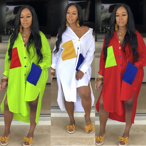 Neon Green Casual Shirt Dress Women Plus Size Vestidos Clothes Long Sleeve Loose Midi Dresses Button Up Slit Sexy Dress