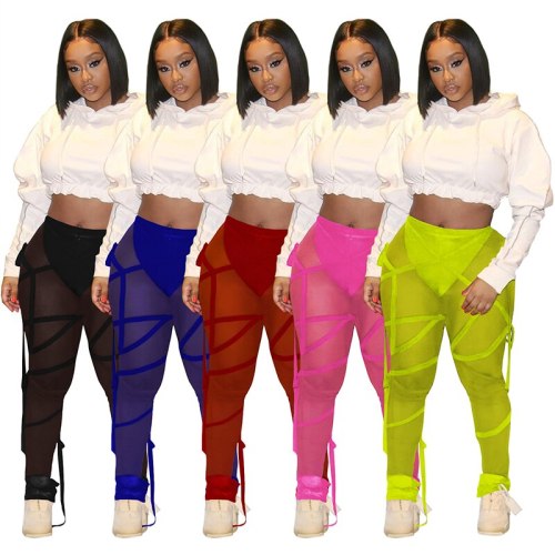 Sexy Mesh Sheer Bandage Sweatpants Loungewear Joggers Summer Clothing for Women Night Club Outfits High Waist Trousers