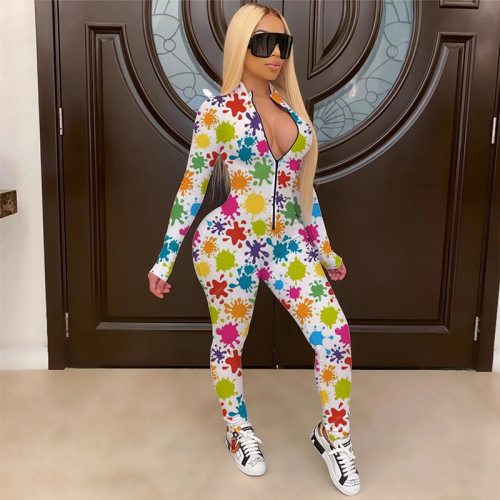 Sexy Graffiti Print Rompers Womens Jumpsuit Deep-v Zip Long Sleeve Fall Women Clothing Tracksuit One Piece Club Outfits