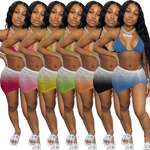 Sexy Gradient 3 Piece Bikini Set Vacation Outfits for Women Summer Clothes Bra Crop Tops Mini Skirts Beach Matching Sets