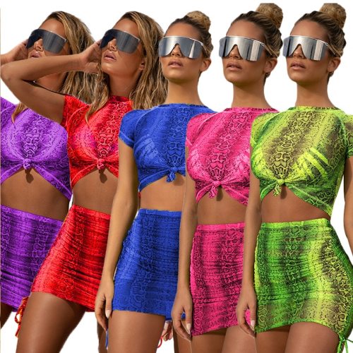 Neon Snake Sexy 2 Two Piece Set Women Rave Festival Clothing Crop Top Skirt Summer Matching Sets Mesh Sheer Club Outfits