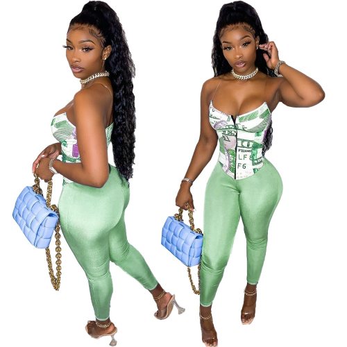 Sexy Women Print Two Piece Set Sleeveless Crop Top + Skinny Pants Streetwear Tracksuit Women Clothes Outfit