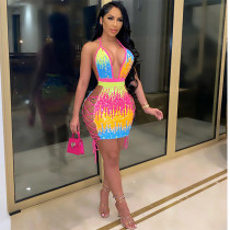 Sexy Rainbow Sequin Mini Dresses for Women Party Club Outfits Plus Size Deep V Halter Backless Bodycon Dress D43-DH29