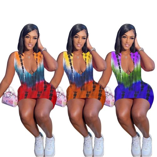 Sexy Tie Dye Bodycon Dress Sleeveless Zipper Birthday Outfits for Women Party Clubwear 2021 Summer Ladies Mini Dresses