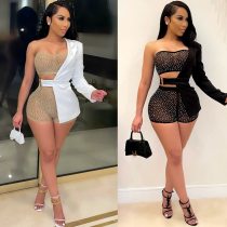 Sexy Mesh Sheer 3 Piece Set Rhinestone Crop Top Biker Shorts for Women Summer Outfits Off Shoulder Club Matching Sets