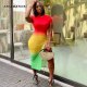 Gradient Printed Short Sleeve Bodycon Dress with Side Drawstring Split Casual Sexy Summer Long Dresses D59-CI26