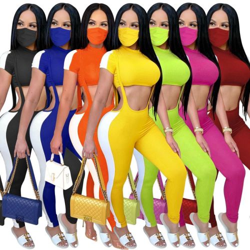 Ribbed 2 Piece Set Women Sexy Club Outfits Short Sleeve Crop Top and Pants Overalls Two Piece Matching Sets with Mask
