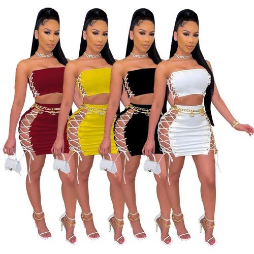 Summer Clothes Two Piece Set Strapless Crop Top Bandage Bodycon Mini Dresses for Women Sexy Night Clubwear Matching Sets