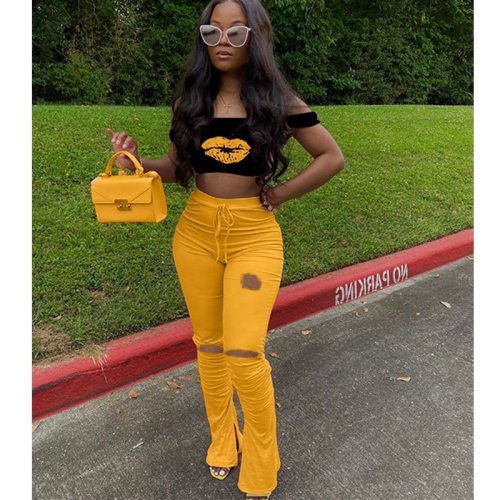 Plus Size 2 Piece Set Women Outfits Lips Crop Top and Hole Split Pant Tracksuit Matching Sets Lounge Wear Sweat Suits