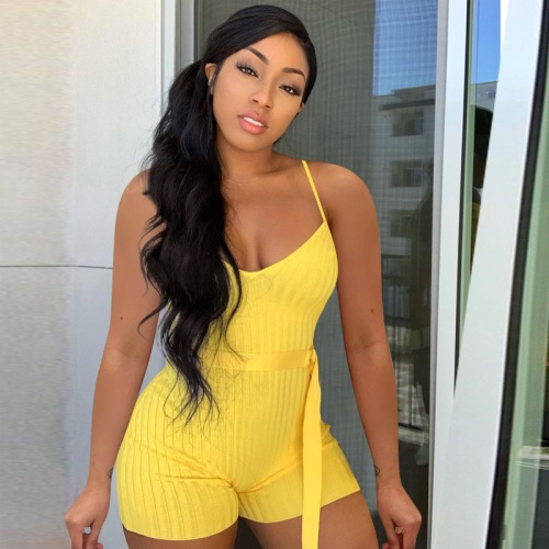 Ladies Romper Shorts Yellow Knit Sexy Sleeveless Playsuit Stretchy Casual Jumpsuit Women Cute Summer Outfits D44-BH15