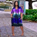 Plus Size Tie Dye Loose Dress Deep V Pocket Dresses for Women Summer Vacation Outfits Sexy Night Club Ladies Midi Dress