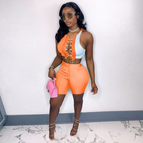 Sexy Patchwork Two Piece Set Sleeveless Bandage Crop Top Biker Shorts Birthday Outfits for Women Summer Club Matching Set