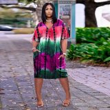 Plus Size Tie Dye Loose Dress Deep V Pocket Dresses for Women Summer Vacation Outfits Sexy Night Club Ladies Midi Dress