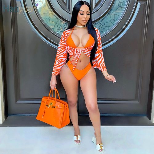 Sexy Leopard Bikini Set 3 Piece Club Outfits Halter Crop Top Thongs Bandage Cover Up Summer Swimwear Print Matching Sets