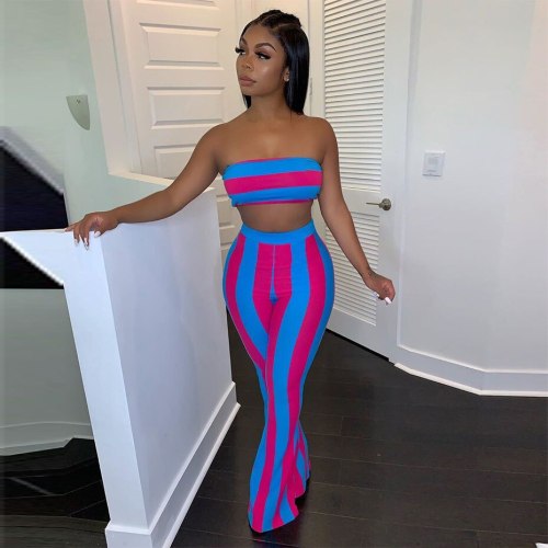 Women Two Piece Outfits Sexy Club Festival Clothing Striped Crop Top and Flare Pants Birthday Matching Suit 2 Piece Set