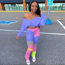Sexy Patchwork Two Piece Set Jumpsuit Off Shoulder Batwing Sleeve Crop Top+Lace Up Pants Tracksuit Fall Matching Sets