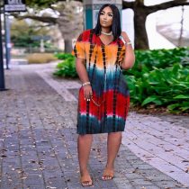 Plus Size Tie Dye Loose Dress Deep V Pocket Dresses for Women Summer Vacation Outfits Sexy Night Club Ladies Midi Dress