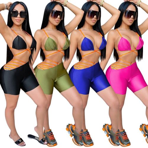 Sexy 2 Piece Beach Set Women Tracksuit Lace Up Crop Top Biker Shorts Club Birthday Outfits Two Piece Bikini Matching Sets
