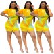 XL-4XL Plus size women clothing two piece set summer casual sport yellow printing short sleeve top and shorts outfit Wholesale