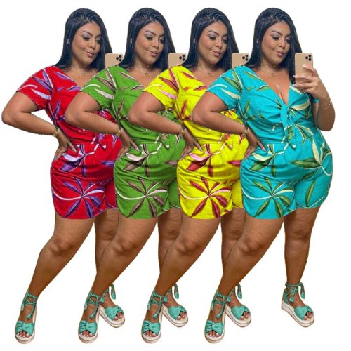 L-4XL women clothing 2021 summer short jumpsuits fashion casual simple printed short sleeve rompers wholesale Dropshipping