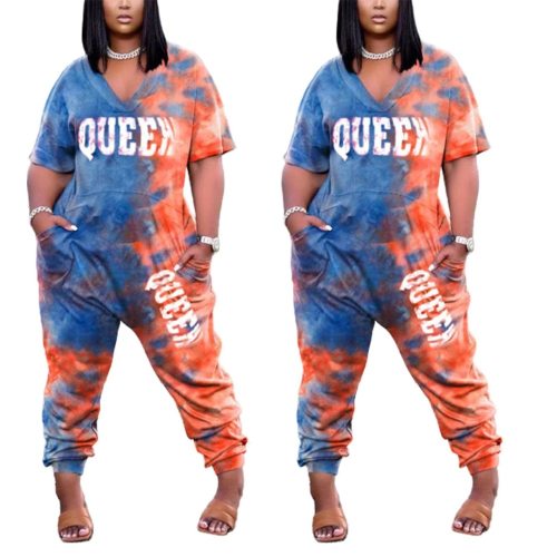 L-4XL Plus Size Jumpsuit women clothing summer 2021 Tie dye printing short sleeve V neck long romper Wholesale Dropshipping