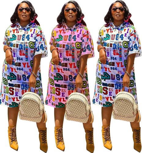 2021 L-4XL plus size women clothing summer dress fashion letter digital printing Hooded casual dresses Wholesale Dropshipping