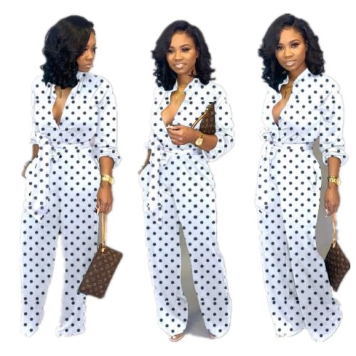 S-3XL plus size summer white jumpsuit women clothing fashion casual dot long sleeve wide leg Romper Wholesale Dropshipping