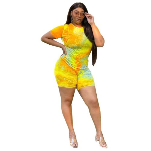 XL-4XL Plus size women clothing two piece set summer casual sport yellow printing short sleeve top and shorts outfit Wholesale