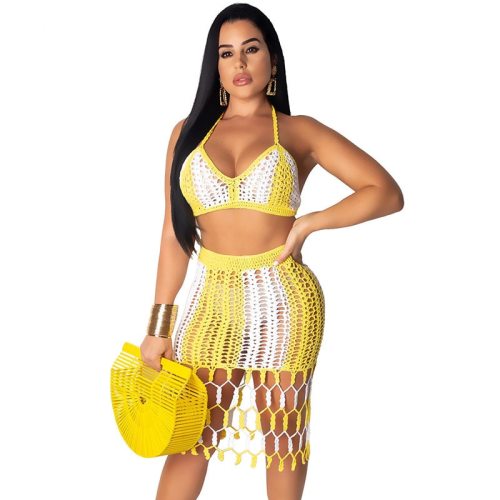 Summer Knitted Crochet Dress Beach Wear Women Two Piece Set Halter Crop Top and Skirt Set Sexy Hollow Out 2 Piece Beach Outfits