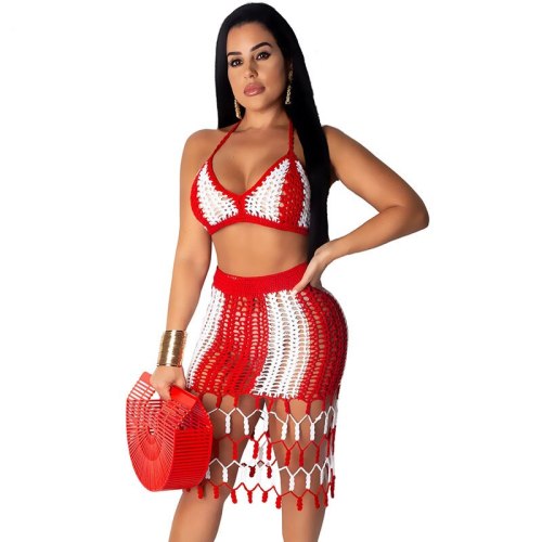 Summer Knitted Crochet Dress Beach Wear Women Two Piece Set Halter Crop Top and Skirt Set Sexy Hollow Out 2 Piece Beach Outfits