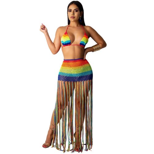 Women Rainbow Bikini Crochet Tassel Beachwear Cover Up Dress Sexy Knitted Backless Halter Swimsuit Swimwear Summer Maxi Dress