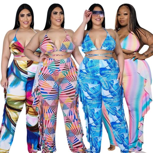 Plus Size Bikini 2 Pieces Sets Women Ruffled Wide Leg Pants and Halter Bandage Sexy Crop Top Beach Wear Summer Clothings 2021