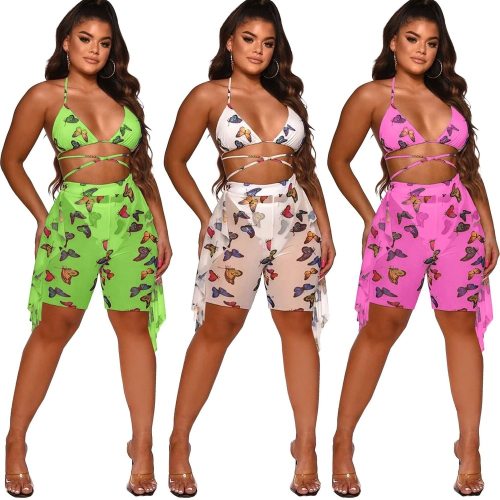 Sexy Bra Mesh Bikinis Shorts Butterfly Printed Summer Swimsuit Women Backless Halter Top and Ruffled Biker Shorts 2 Pieces Sets