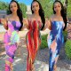 Tie Dye Sexy Strapless Long Dress Woman off Shoulder Bodycon Sundresses Casual Summer Clothes Boho Vacation Dresses for 2021