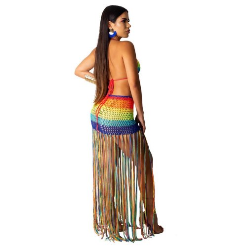 Women Rainbow Bikini Crochet Tassel Beachwear Cover Up Dress Sexy Knitted Backless Halter Swimsuit Swimwear Summer Maxi Dress