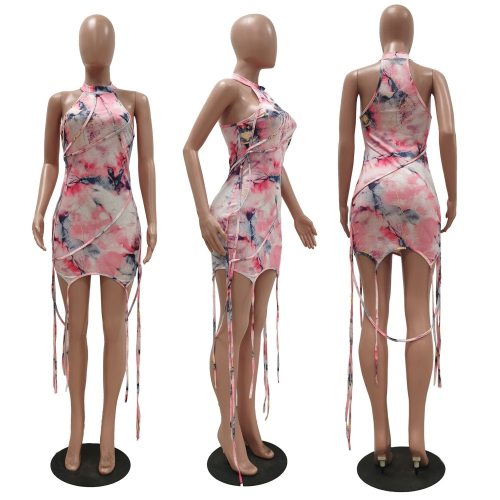 Sexy Tie Dye Mini Dress with Strings All over Woman Night Clubwear Sleeveless Turtleneck Dresses off Shoulder Summer Sundress