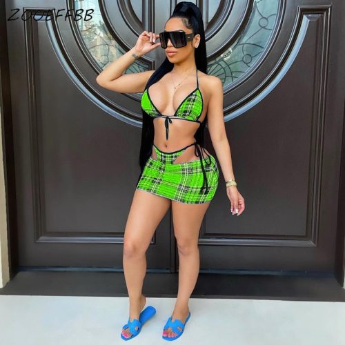 Sexy Plus Size Plaid 3 Piece Bikini Set Bathing Suit for Women Summer Beach Clothes Skirt Set Swimsuit Vacation Outfits