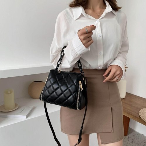 Solid Color PU Leather Bucket Bags For Women Brand Fashion Zipper Totes Chain Shoulder Crossbody Bag Female Handbags Lady Purse