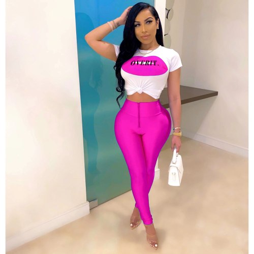 Summer Women Street Two Piece Set Top  Lips Letter Print O-neck T-shirt  Trousers Pants Tracksuit Sweatsuit Outfits