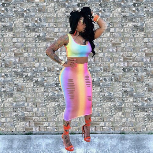 9GL6026 Summer Women Street Two Piece Set Top Rainbow Gradients Print Tank Hole Longuette